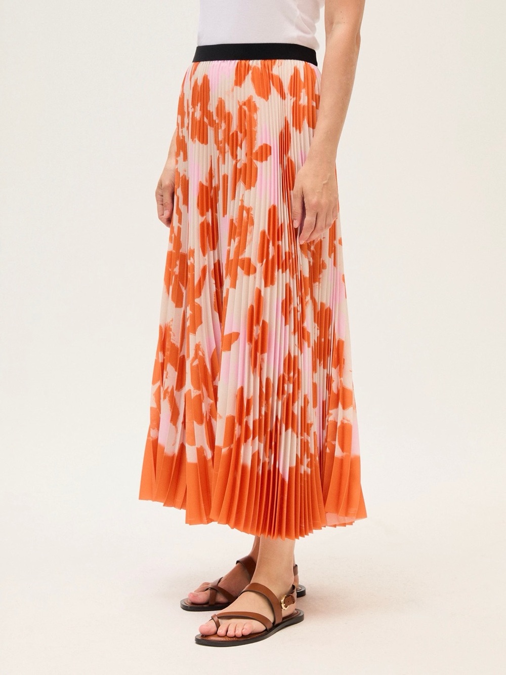 Pleated Floral Maxi Skirt in Orange and Pink / NWT